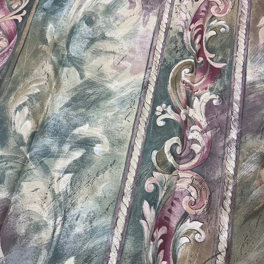Vtg JCPenney Home Collection Floral Scroll Ruffle Shower Curtain Green Pink USA